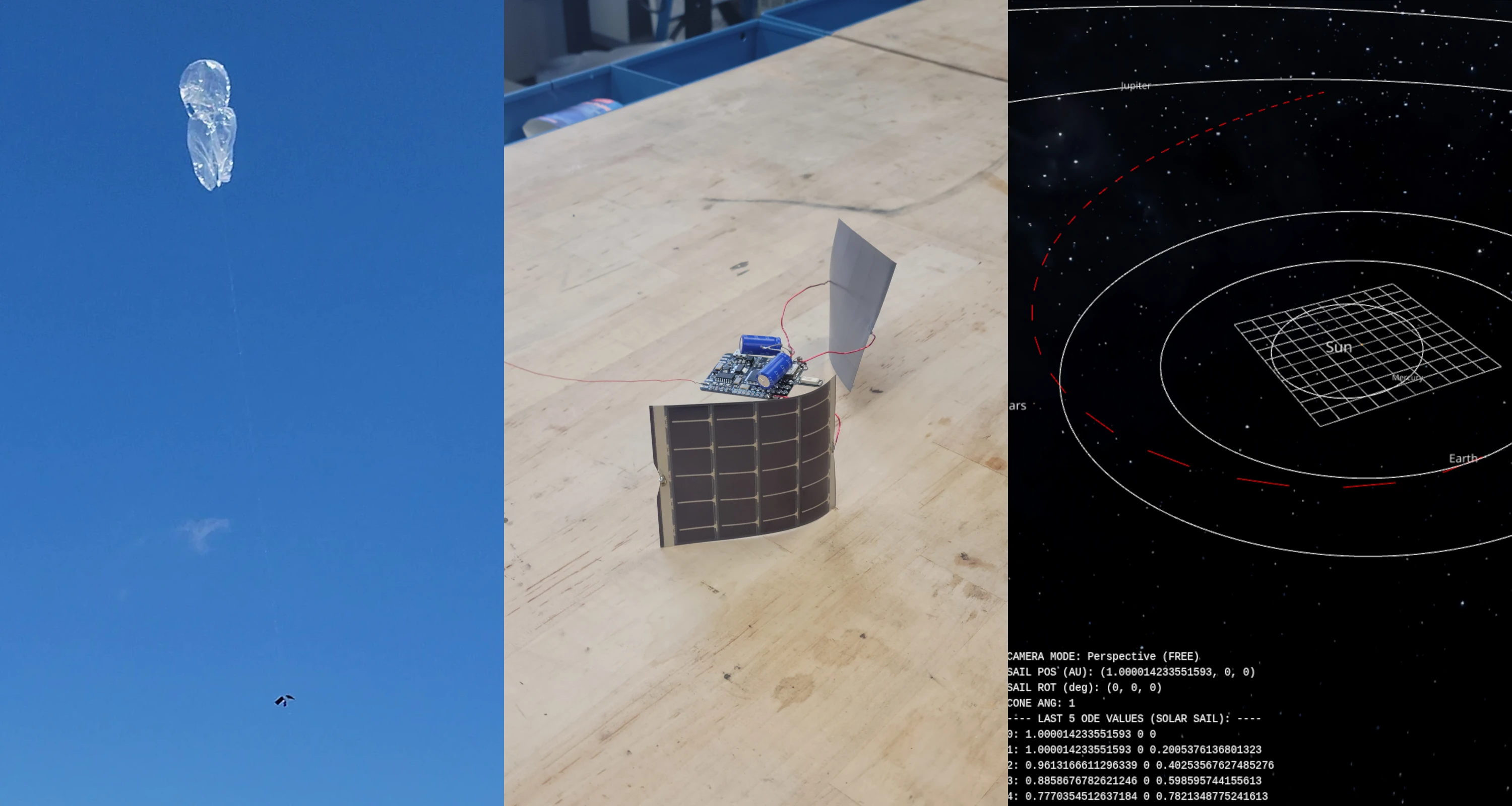 Pictures of a balloon with a GPS beacon attached followed by a screenshot of a solar sail trajectory simulation.